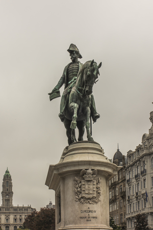 Porto, Portugal, June 15, 2018:  Statue of D. Pedro IV on a horse located on Freedom Square in the city of Porto, Portugal.のeditorial素材