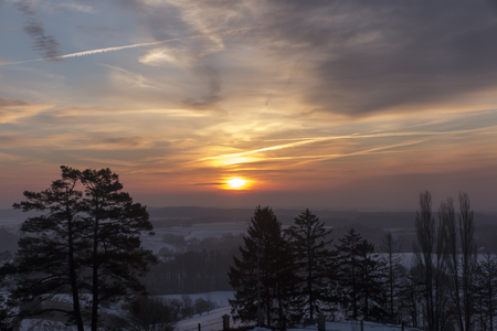 Winter sunrise in Poland in the area of Mount St. Anneの写真素材