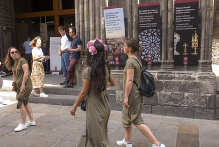 Barcelona, Spain, June 22, 2019: Full of people and life, crowded Rambla street in Barcelona on a...