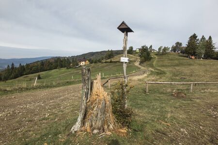 Mountain pastoral hall, view of Hala Boracz and in the distance to the shelter in Beskid Zywiecki in Polandの写真素材