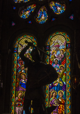 Montserrat, Spain, June 23, 2019: Colorful stained glass windows in the Benedictine Sanctuary of Our Lady in Montserrat, Spain, the largest sanctuary of Catalonia.のeditorial素材