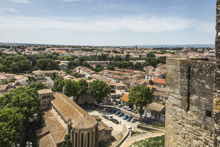 View of the area from the defensive wall around the Carcassonne fortification castle on the UNESCO World Heritage List in Franceのeditorial素材