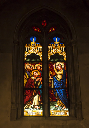 Avignon, France, June 26, 2019: Fragment of the interior of the Avignon Cathedral (Cathedral of Our Lady of Doms) in Avignon, France -  stained glassのeditorial素材