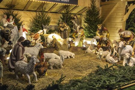 Czestochowa, Poland, January 1, 2020: Fragment of the Christmas crib on the ramparts before entering...