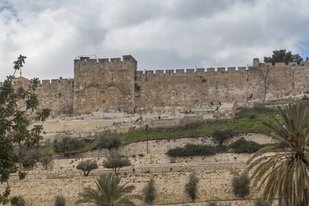 View of the Golden Gate, Jewish cemetery, city wall and old city from the Mount Eleon - Mount of...