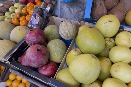 various fruits lying on a market stall in Bethlehemの写真素材