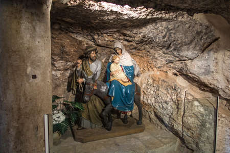 Bethlehem, Palestinian Authority, January 28, 2020: Fragment of the interior in the Milk Grotto Church in Bethlehem in Palestine. Mary with Jesus on a donkey and Saint Josephのeditorial素材
