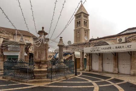 Old City of Jerusalem - Christian Quarter, empty street and square in the morning in rainy weather. Jerusalem, Israelのeditorial素材