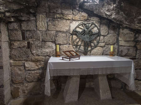 BETHLEHEM, Palestine, January 28, 2020: Caves under the Basilica of the Nativity in Bethlehem. simple stone altarのeditorial素材