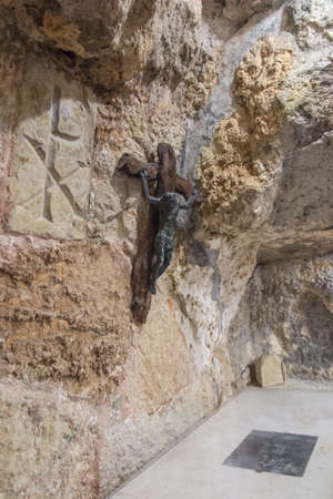 BETHLEHEM, Palestine, January 28, 2020: Caves under the Basilica of the Nativity in Bethlehem. Cross in the grotto of St. Jerome.のeditorial素材