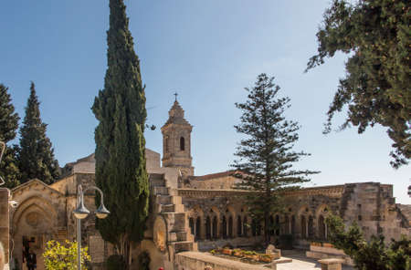 JERUSALEM, ISRAEL - January 30, 2020; The gothic corridor of atrium in Church of the Pater Noster on...