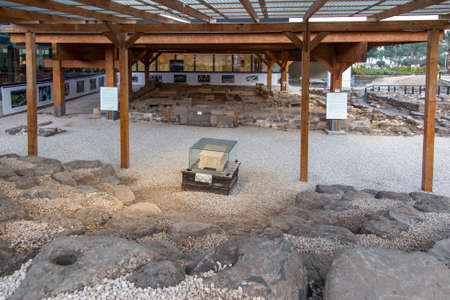 The ancient Magdala stone located in a 1st century synagogue dig located in the village of Magdala in Galilee Israel. This unique piece is yet to fully unfold its secretsのeditorial素材