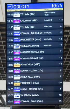 Katowice, Poland, January 25, 2020: Departures information board, Katowice Airport, Pyrzowice, place of waiting before the departure of the plane.のeditorial素材