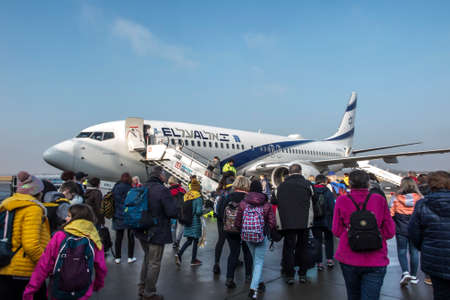 Katowice, Poland, January 25, 2020: Boarding the plane directly from the apron of Katowice Airport, Pyrzowice, Polandのeditorial素材