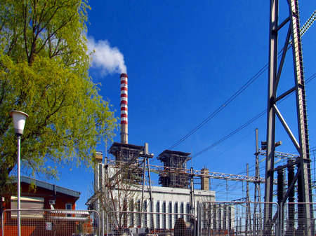 view of power plants and distribution networks and high voltageの写真素材