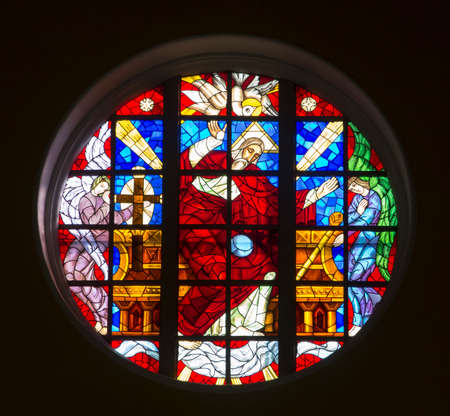 Czestochowa, Poland, August 22, 2020: Colorful stained glass window above the main altar in the...