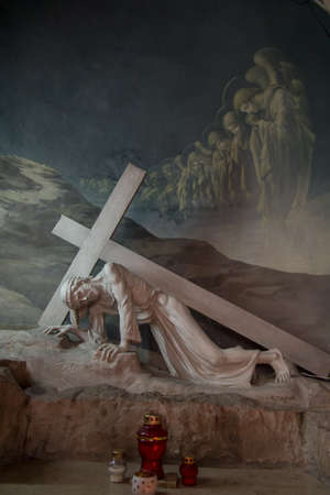 Jerusalem, Israel, January 29, 2020: The Armenian Church on the way of the cross in Jerusalem, 3rd station, the Lord Jesus falls under the cross for the first time.のeditorial素材