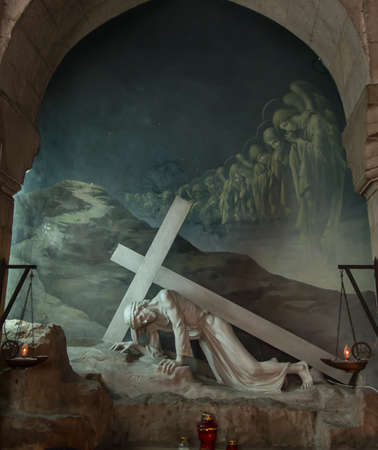 Jerusalem, Israel, January 29, 2020: The Armenian Church on the way of the cross in Jerusalem, 3rd station, the Lord Jesus falls under the cross for the first time.のeditorial素材