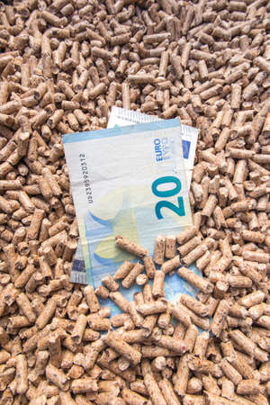 Wood pellets, as more and more expensive fuel for ecological heating boilers, consumes more and more moneyの写真素材