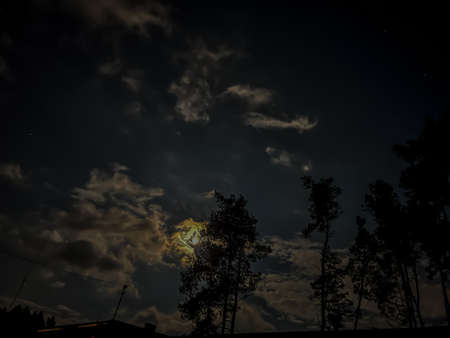 moon in the sky over the forest during the first full spring in 2022の写真素材