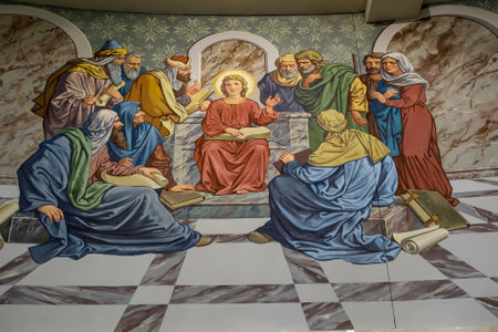 Torun, Poland, May 10, 2022: Inside the Sanctuary of the Blessed Virgin Mary, Star of the New Evangelization and St. John Paul II in Torun. A painting depicting Jesus' teaching in the temple.のeditorial素材