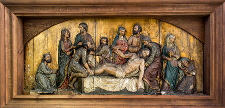 Gdansk, Poland, May 15, 2022: Interior of St. Mary's Basilica in Gdansk, Poland. Bas-relief with the scene of the Entombment.のeditorial素材
