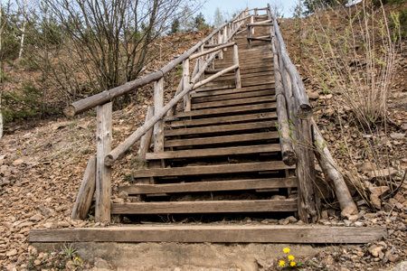 Wooden stairs in the Grodek park, built on the site of an old quarry near Jaworzno in Polandの写真素材