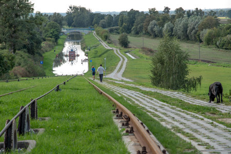 The historic canal Elblag. The ramp Jelonki in the duct for transporting boats by land between one degree (level) of the nextの写真素材