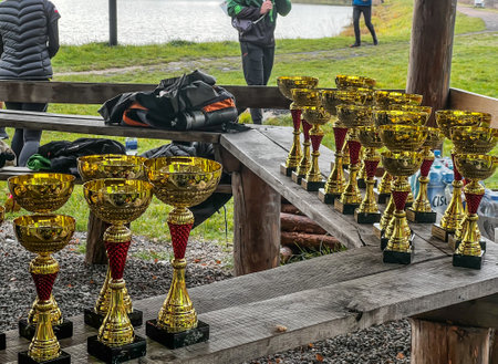 The prepared cups await the winners of running competitions.の写真素材