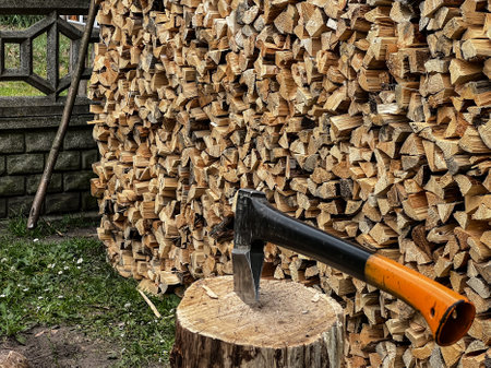An ax on a stump against the background of stacked firewood.