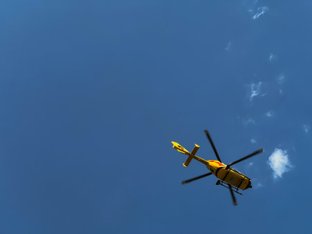 Kalety, Poland, June 5, 2023: An ambulance helicopter renders aid to a person injured as a result of a fall from a height.の写真素材