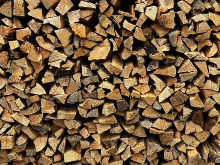 An ax on a stump against the background of stacked firewood.