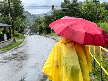 Returning from a mountain walk in the rain under a cape and an umbrella.