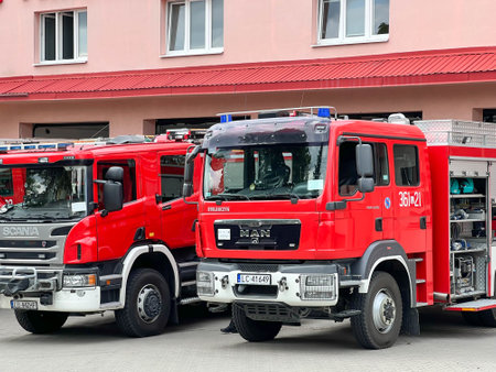 Chelm, Poland, July 21, 2023: Fire Brigade cars in CheÅ‚m standing in front of the fire station...