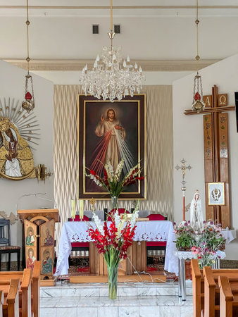 CheÅ‚m, Poland, July 20, 2023: Church of the Divine Mercy in CheÅ‚m, Poland. The interior with...
