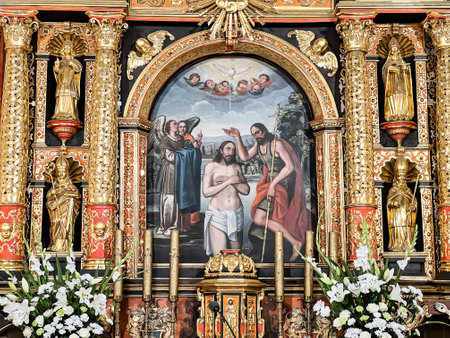 Zloty Potok, Poland, July 30, 2023: Interior of the church of St. John the Baptist in Zloty Potok, Poland. The main altar is richly gilded.のeditorial素材