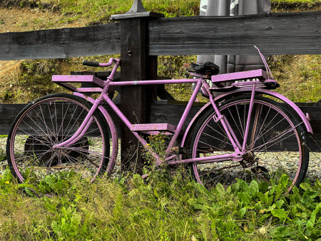 An old bicycle, painted in a bright solid color, stands by the fence as a decorative element.の写真素材