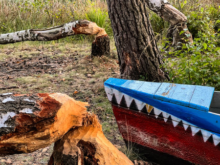 Damage caused by beavers in forests near ponds, lakes and rivers.の写真素材