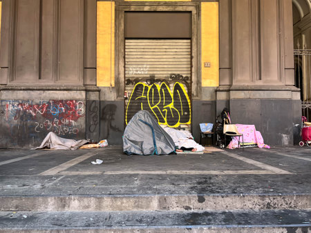 Naples, Italy, September 28, 2023: Resting place for homeless people in the streets of Naples,...