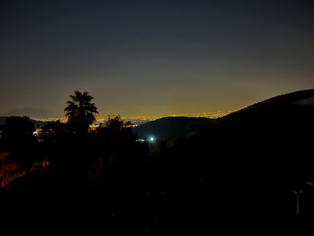 Night panorama of Naples in Italy with the outline of the Vesevius volcano visible. View from the...