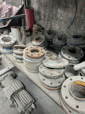 Old flanges and other spare parts in the boiler room for possible use during renovations.