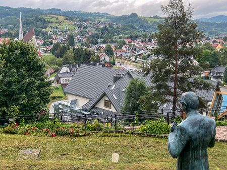 A view of Kroscienko in Poland towards the Church of the Good Shepherd from Kopia Gorka (from the Light-Life Movement Center).の写真素材