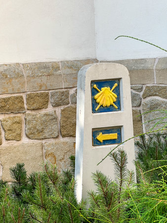 A post marking the Way of St. James in Brzesko, Poland. The trail leads to the Camino leading to Santiago de Compostela in Spain.の写真素材