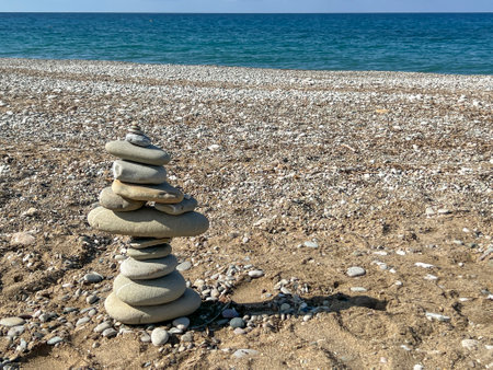 A public, rocky beach on the Mediterranean coast in the Kissonergia region of Cyprus.の写真素材