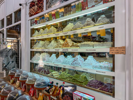 Nicosia, Northern Cyprus, October 15, 2024: The streets of Nicosia (Turkish part) and large halls full of shops, stalls sometimes cafes and bars. Various goods for sale, sweets and local specialties..の写真素材