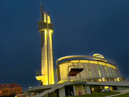 Krakow, Poland, November 10, 2024: Church of Divine Mercy in Krakow Lagiewniki at night.の写真素材