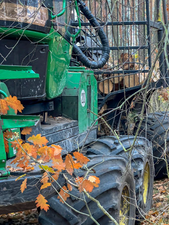 A specialized vehicle for skidding cut wood (transporting it from the forest to storage facilities by the road).の写真素材