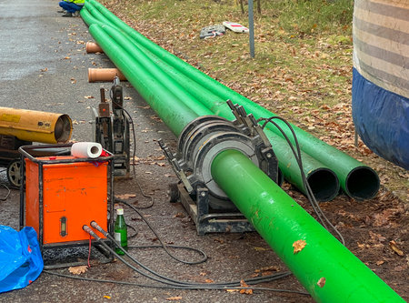 Construction of a pressure sewage network made of green pipes. Welding of pipes to be placed underground.の写真素材