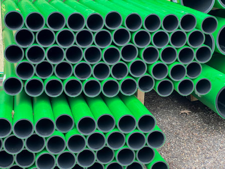 Green sewage pipes in rods arranged next to each other as a background stored on the sewage construction site.の写真素材