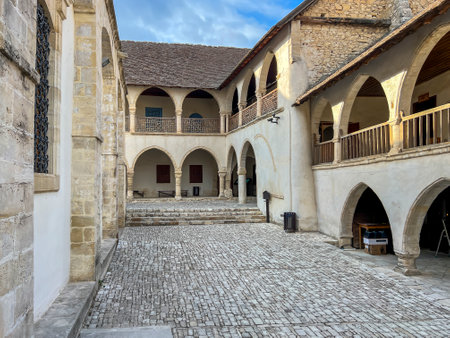 The old town of Omodos in Cyprus with historic buildings, narrow streets with shops focused on selling regional souvenirs, arts and crafts.の写真素材